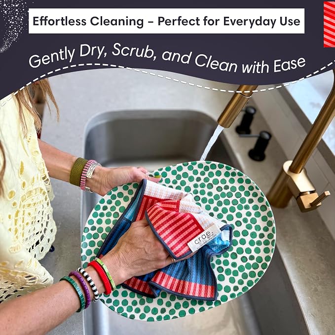 Microfiber Hand Towel & Washcloth Set of 2 - Double-Sided, Waffle Weave, Super Absorbent, Lint-Free, Fast Drying -for Bathroom, Kitchen, Car, and Window Cleaning (Stars & Stripes - Red, Blue, Cream)