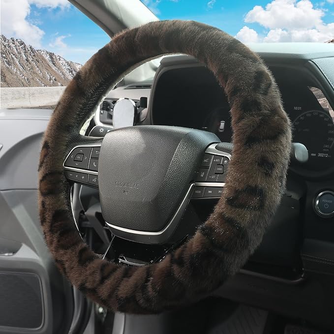 Fuzzy Car Steering Wheel Cover,Universal Fit Fur Auto Wheel Cover,Leopard Warm Fluffy Vehicle Wheel Protector Car Accessories,Cheetah Print Steering Wheel Cover for Men Women (Brown)