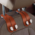 CoBak Purse Hook for Car - Universal Premium Stitched Leather and Aluminum-Magnesium Alloy Double Car Seat Back Storage Hook for Purses, Handbags, Bags (2 Pack),Russet Brown