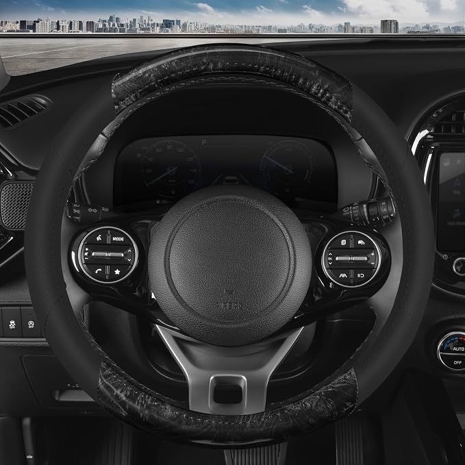 BurlwoodLux Wood Grain and PU Leather Black Steering Wheel Cover - Sport Grip for Car Auto SUV Trucks