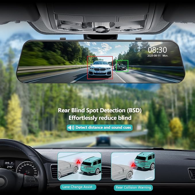 12'' 4K Rear View Mirror Camera,4K+2.5k Front and Rear Mirror Dash Cam,ADAS BSD LCA Smart Rearview Mirror for Cars,App WiFi,Night Vision, Parking Monitor, 64GB Card & GPS Digital View Mirror Dashcam