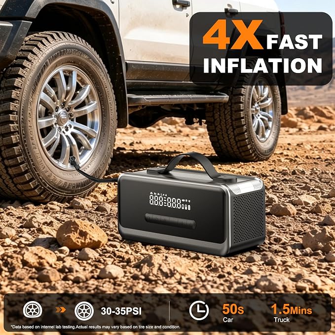Tire Inflator Portable Air Compressor with Jump Starter, Air Pump for Car | Faster Inflation 35L/min,Auto Shut-Off,Cordless,Vacuum and Blower Functions,for Pickup Truck,Bike,Motorcycle and Balls