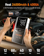 4000A Jump Starter with Air Compressor, 88.8Wh Car Battery Jumper Starter Portable(10L Gas/10L Diesel), 12V Booster Jump Box Pack with 160PSI Tire Inflator, 65W Fast Charger, Jumper Cables