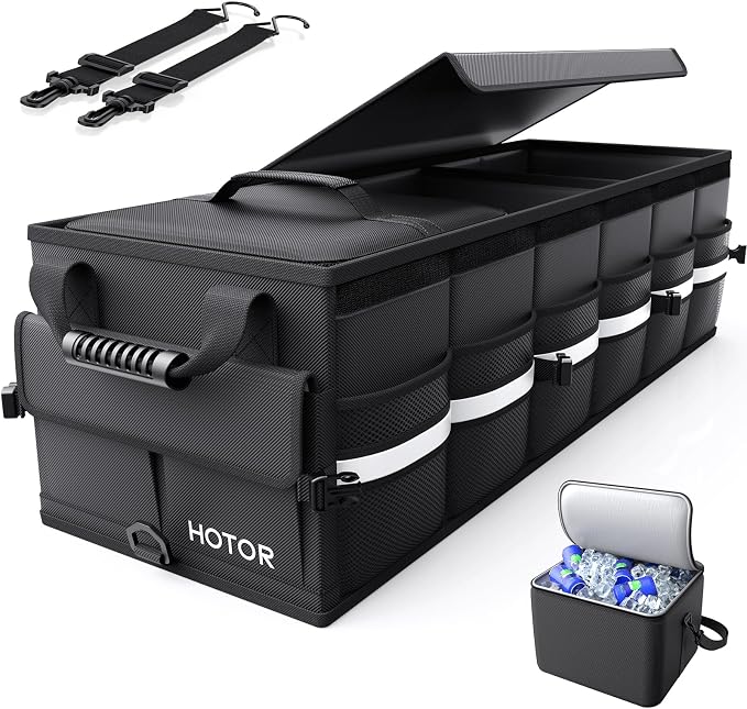 Car Trunk Organizer - Trunk Organizer for SUV with Removable Cooler Bag, Foldable Cover, 3 Compartment Car Storage Essential Car Accessories for Truck, Van & Sedan, Black, 37.0" x 14.6" x 12.0"