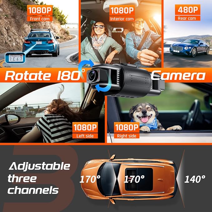 T1-pro Dash Cam Front and Rear Inside 3 Channel 1080P, Adjustable Lens Dash Camera for Cars with 8 IR Lamps Night Vision, Three Ways Triple Car Camera, Loop Recording, G-Sensor, Parking Monitor