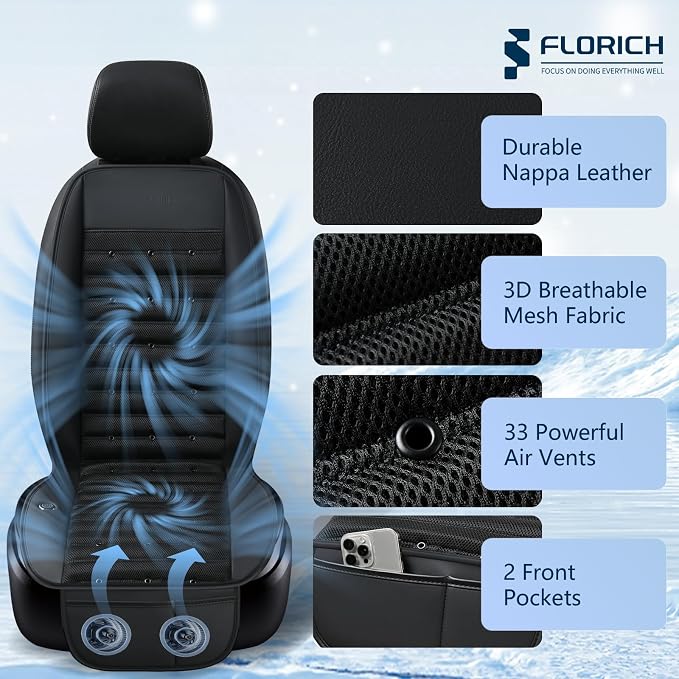 Cooling Car Seat Cover Ventilated Seat Cushion with 2 Powerful Turbo Fans 3-Speed Adjustable 12V-24V Cooling Car Seat Pad for Summer Driving Universal Fit for Car SUV Truck Van