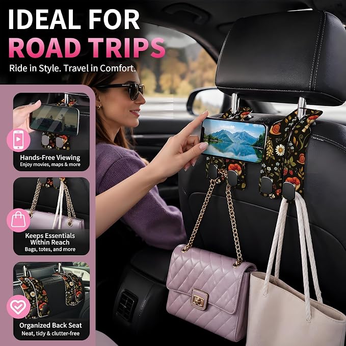 Car Seat Back Storage Hook, Funny Car Purse Hook, Cute Vehicle Storage Organizer for Purses Handbags Dark Floral Mushroom