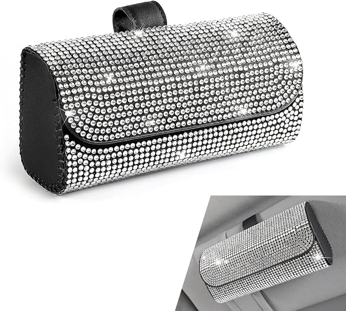 Bling Sunglasses Holder for Car Sun Visor, Rhinestone Auto Eyeglasses Mount Clip Organizer, Leather Sunvisor Sunglasses Storage Case, Universal Glasses Holder Clips for SUV, Sedan, Van (White)