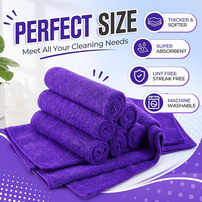 Microfiber Cleaning Cloths for Cars Ultra Absorbent Car Towels Drying Reusable Cleaning Supplies House Kitchen Window Microfiber Towel (12 x 12 Inch, Purple, 60 Pcs)