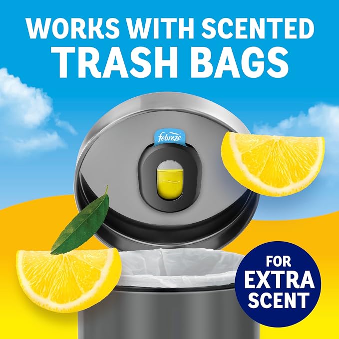 Trash Odor Fighter, Trash Can Air Freshener, Stick-On Deodorizer for Garbage Cans, Diaper Pails, Works with Scented Trash Bags, Fresh Lemon and Linen & Sky Scents, 2 Holders + 2 Refills