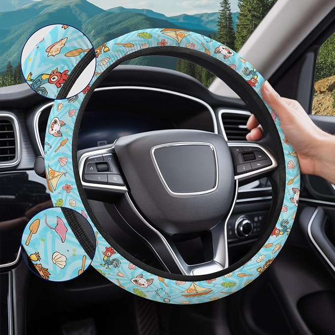 Blue Tropical Ocean Steering Wheel Cover, Polyester Non-Slip Car Wheel Grip, Universal 15 Inch Auto Accessory