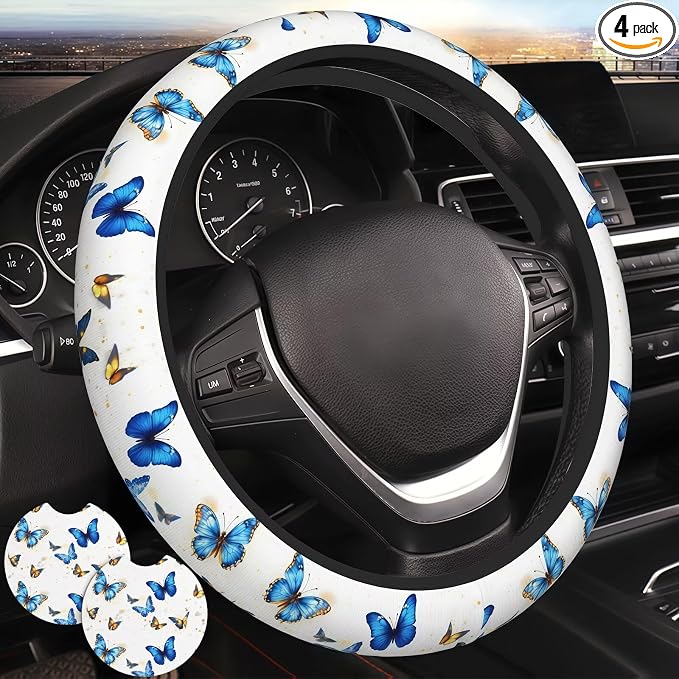 Butterfly Blue Steering Wheel Cover Beauty Butterflies Steering Wheel Cover Butterflies Car Accessories Butterfly Decoration Anti-Slip Universal Breathable 14-15 in 2 Car Cup Coasters for Women