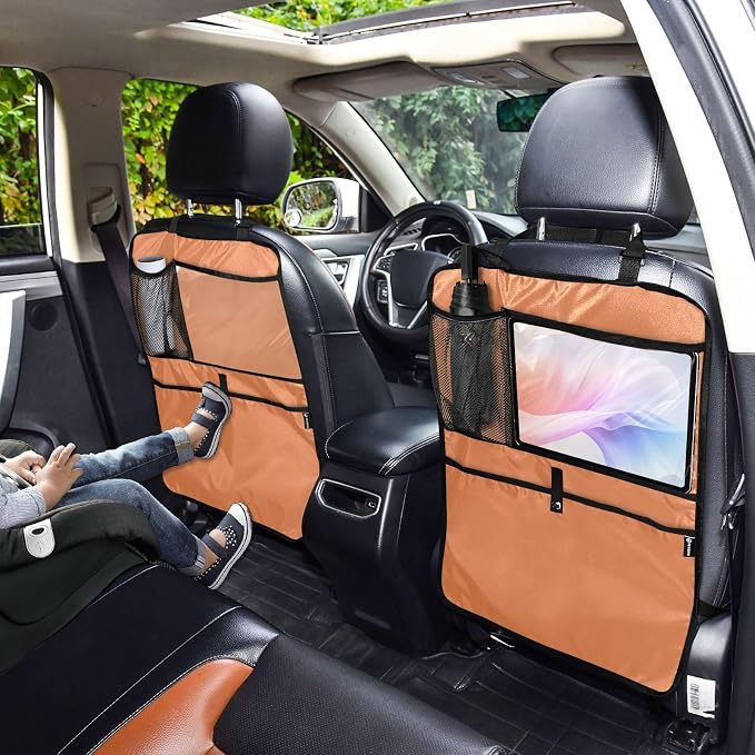 Orange Car Seat Organizer for Kids Backseat Kick Mat with Adjustable Strap Back of Seat Protector for SUV Cars Vehicle 2 Pcs