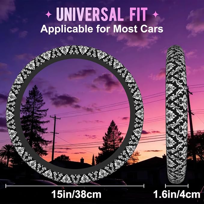 Black and White Damask Steering Wheel Cover for Women Men Neoprene Breathable Wheel Cover Protector Anti-Slip Car Accessories Universal 15 Inch Fit for Cars Trucks Vehicles