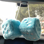 Fuzzy Plush Dice for Car Mirror, Pair of Retro 3” Light Blue Dice with White Dots for Car Interior Hanging Ornament Decoration (Blue)