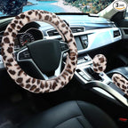 Fuzzy Steering Wheel Cover for Women Girls, Universal Fit 15 inch Fur Car Wheel Cover & Handbrake Cover & Gear Shift Cover Set, Fashion Leopard Winter Warm Fluffy Vehicle Wheel Protector