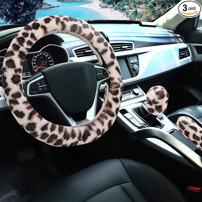 Fuzzy Steering Wheel Cover for Women Girls, Universal Fit 15 inch Fur Car Wheel Cover & Handbrake Cover & Gear Shift Cover Set, Fashion Leopard Winter Warm Fluffy Vehicle Wheel Protector