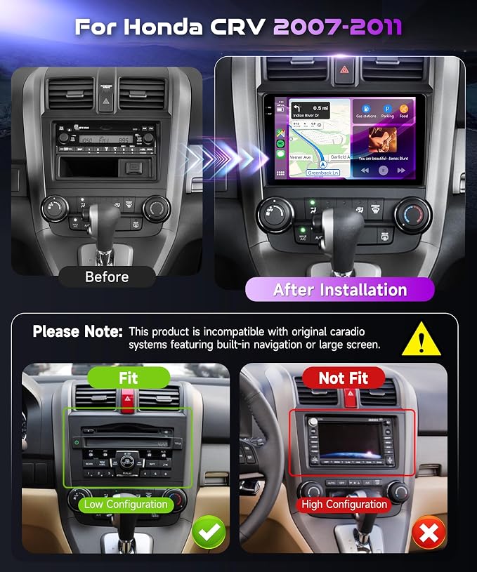Android15.0 4G+128G Car Radio Stereo for Honda CRV 2007-2011 with Wireless CarPlay Android Auto, 9 Inch in-Cell Touch Screen GPS WiFi Bluetooth EQ SWC FM Radio HD Backup Camera