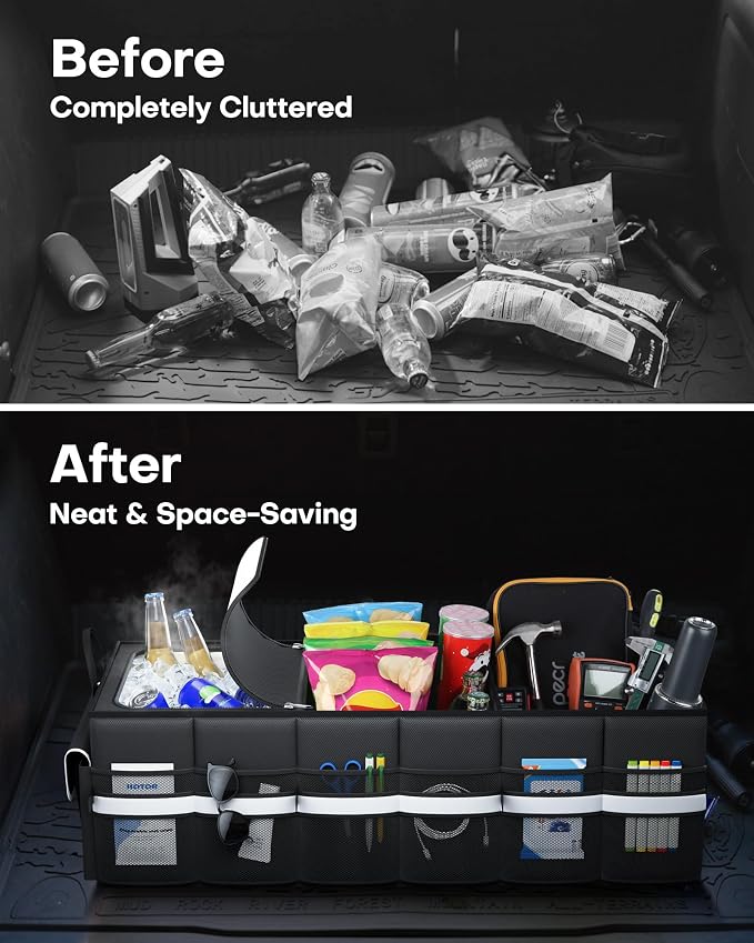 Trunk Organizer - Car Organizer with Built-In Leakproof Car Cooler, Collapsible Trunk Organizer with Cooler for SUV, Sedan, with Base Panel (3 Compartments, Black), 35.4"×14.2"×10.6"