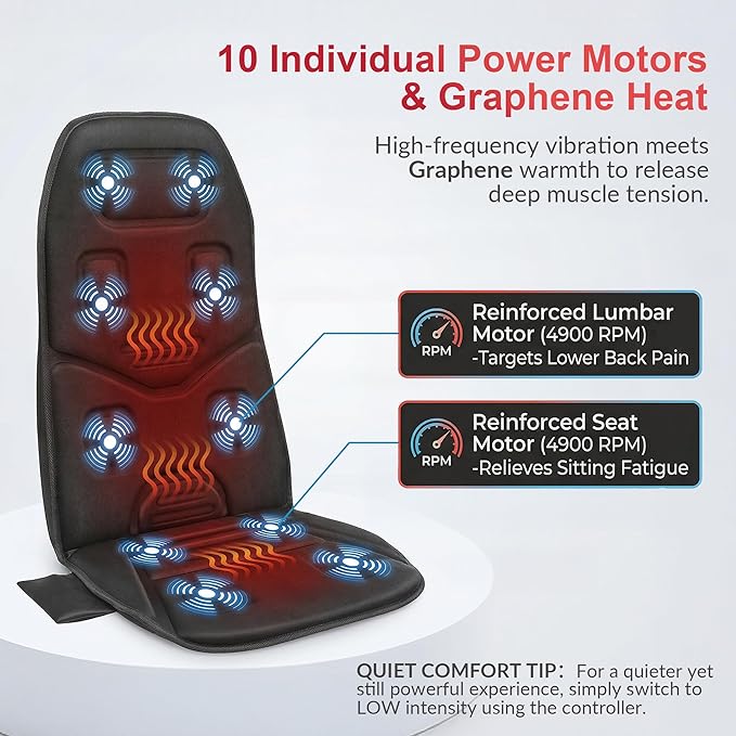 2026 Graphene Heated Chair Massager Pad – 4900 RPM Vibration Motor, Full Back Massage Seat Cushion for Office Chair & Recliner, for Dad Men