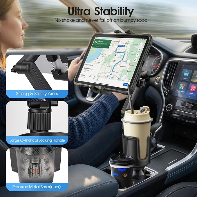Cup Holder Tablet Mount, Ipad Cup Holder Car Mount Expander [2026 Upgraded] with 22" Height Adjustable Arm for Tablet iPhone 3-13in iPad Pro Air Mini, Fire, iPhone 15, Galaxy S24 Z Fold 5