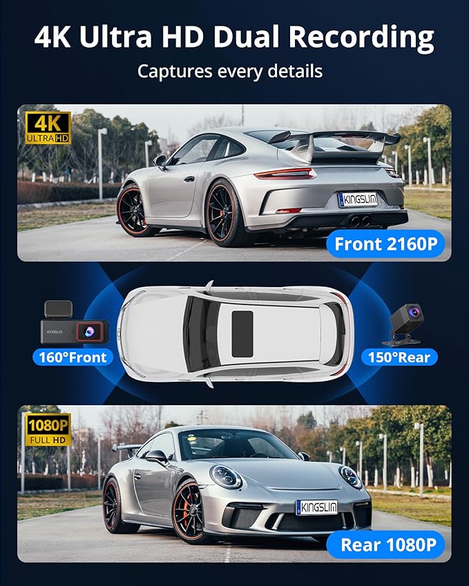 4K Dash Cam Front and Rear, Front 4K Rear 1080P Dual Dash Camera for Cars, Mini Dashcam with 64GB Card, APP Control, Night Vision, G-Sensor, Loop Recording, Parking Mode