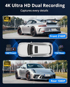 4K Dash Cam Front and Rear, Front 4K Rear 1080P Dual Dash Camera for Cars, Mini Dashcam with 64GB Card, APP Control, Night Vision, G-Sensor, Loop Recording, Parking Mode
