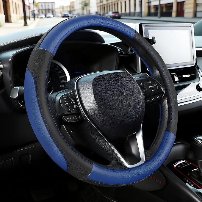 Car Steering Wheel Cover Universal Standard Size 14.5-15 inch, Black and Blue Microfiber Leather