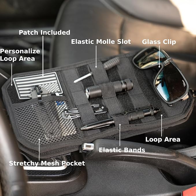 Car Visor Organizer, Sun Visor Organizer for Trucks Cars SUVs, Tactical Car Accessories with Zipper Visor Storage Pouch, Glasses Clip and Card Sleeve Pocket, Molle Visor Organizer with Panel (Black)
