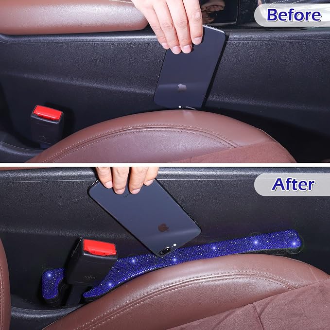 Bling Blue Car Seat Gap Filler 2 Pack Handmade Crystal Rhinestone Diamond Blue Gap Filler for Car SUV Truck Blue Bling Car Accessories for Women(Blue)
