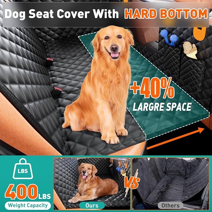 Dog Car Seat Cover for Back Seat with Hard Bottom, Ultra Thick Hard Bottom Waterproof Back Seat Extender for Dogs,Dog Hammock Dogs Bed for Cars, SUVs,Pet Seat Cover for Back Seat Holds 400lbs