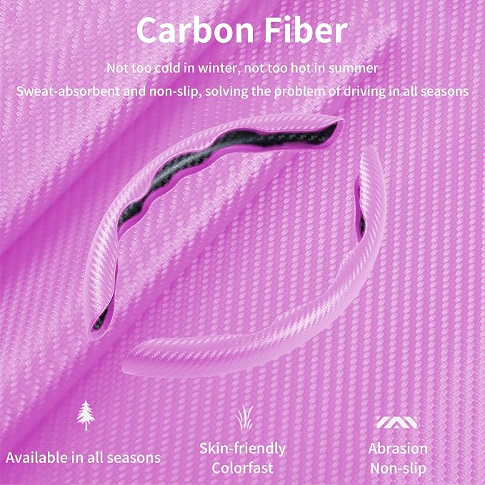 3Pcs Carbon Fiber Steering Wheel Cover Universal Fit 99% Cars | Non-slip soft grip, easy to wipe clean, quick to install, perfect for daily commutes and road trips, Pink