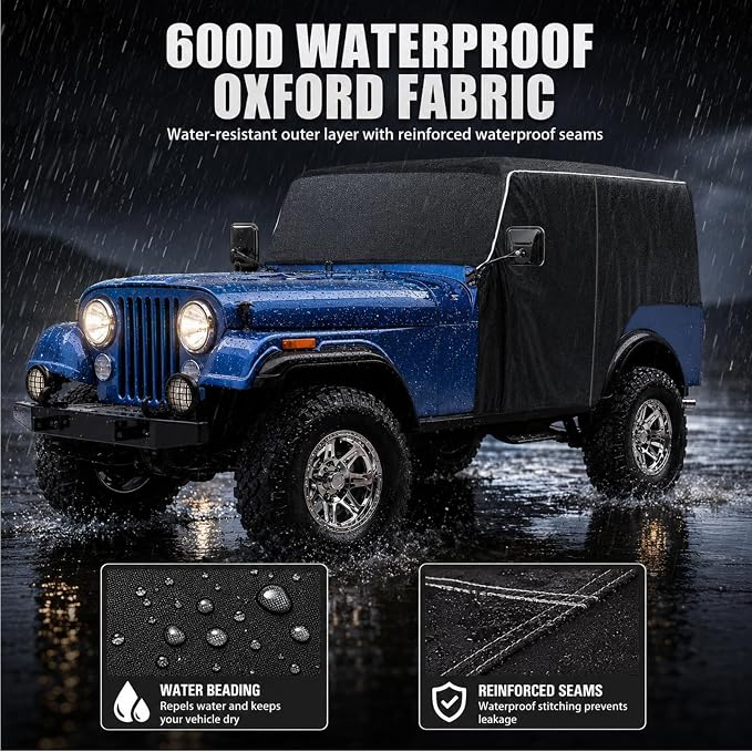600D Cab Cover Windproof Sunshade Cover Compatible with Jeep Wrangler CJ7 1976-1986 2 Door, 6-Layer Protection Frost Wiper & Mirror Covers Protect from Sunshine, UV, Snow, Rain