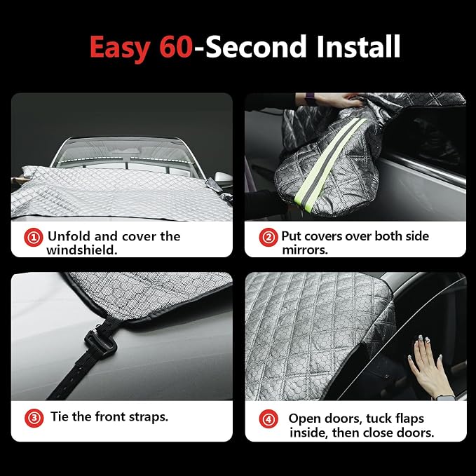 Exterior Windshield Cover for Ice and Snow, Graphene Grid Heavy-Duty Windshield Sun Shade, Car Snow Shield with Mirror Covers, Wiper Area Coverage for Cars, SUVs and Trucks, X-Large