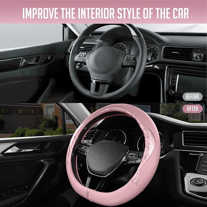 Steering Wheel Cover, Pink Patterned Leather Patchwork Design, Universal Fit 14.5"–15.5" D-Shape Steering Cover, Soft PU Grain Leather, Durable Grip Car Accessory for Girls & Women