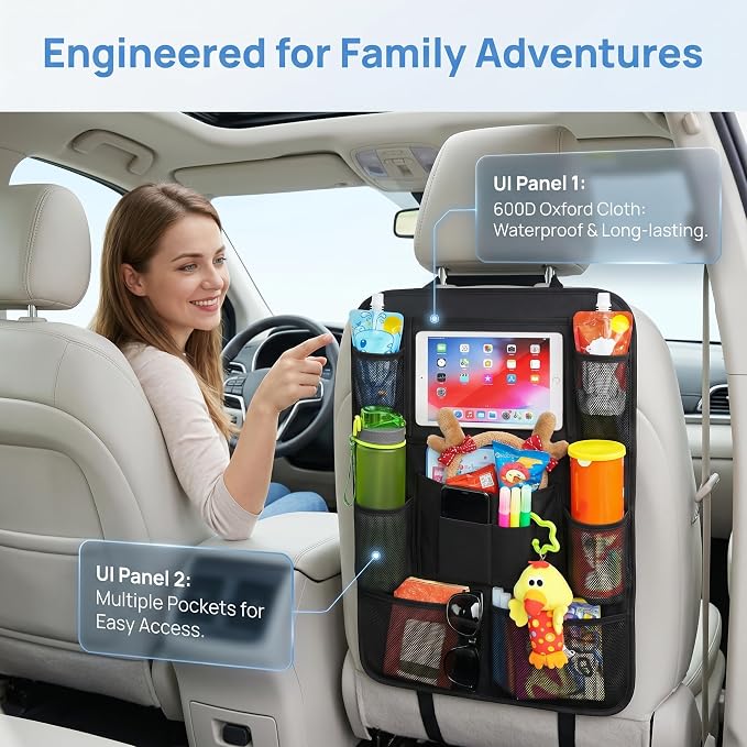 Car Backseat Organizer with 10" Tablet Holder, Seat Back Protectors Kick Mats for Kids Toddlers, Large Storage Pockets Travel Accessories for SUV Minivan Airplan 2 Pack