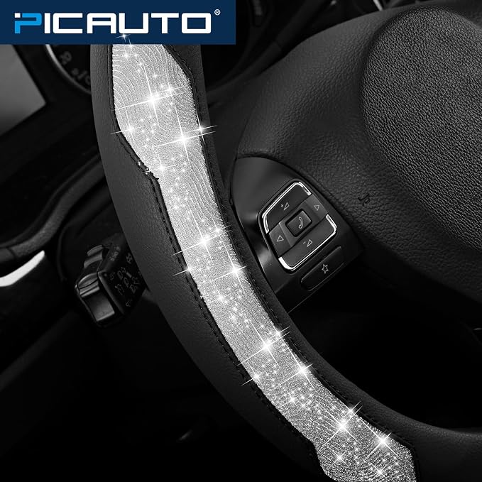 Steering Wheel Cover, Silver Sparkly Crystal Bling Glitter with Leather, Universal Fit 14.5"-15.5" Car Steering Wheels for Girls & Women, Anti-Slip Wheels Cover for Cars, Trucks, Van, SUVs