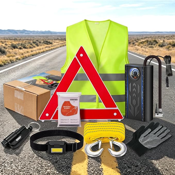 Car Roadside Emergency Kit for Vehicles, Portable Air Compressor Tire Inflator Auto Car Safety Kits Teen Driver Must Haves Black