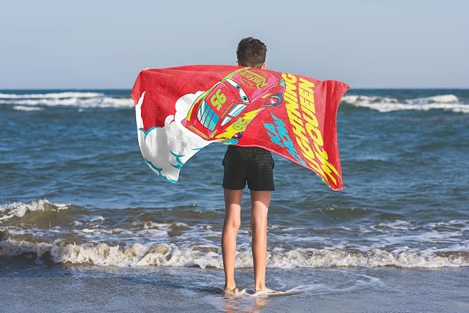 Children Beach Towel - 100% Cotton Super Soft Absorbent Bath Towel, 28" x 58" Inch Lightweight for Travel, Official Licensed Product, Red - Cars
