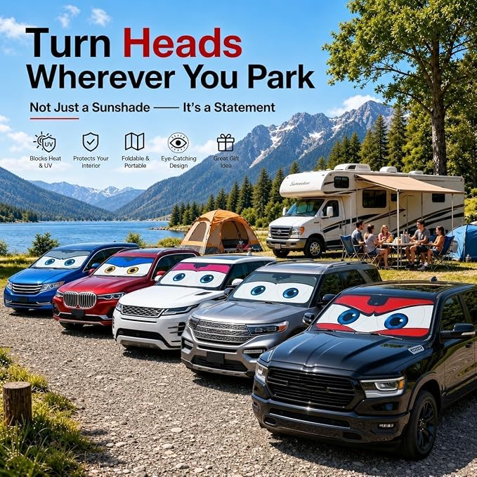 Car Windshield Sun Shade, Universal Fit Full-Size SUV Pickup MVP, Angry Red | 63 x 33.86" Large Windshield Cover, Foldable Front Window Sunshade, UV Heat Protection, Cute Eyes Series