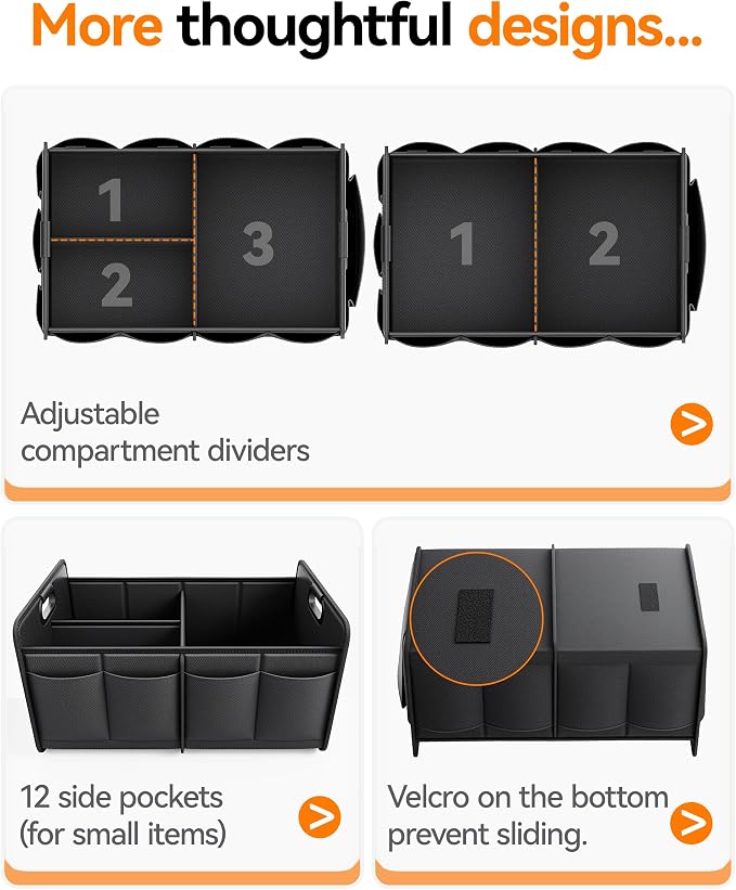 Car Trunk Organizer for SUV, 15.5Gal Large Capacity No-Sag Heavy Duty, Foldable Waterproof Anti-Slip Storage with 12 Pockets, Fit Sedan,Truck, Universal Car Accessories, Black, 2 Compart,Medium