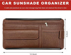 Car Sun Visor Organizer, Scratch-Resistant Auto Visor Glasses Storage Bag with Multi-Pocket Net Zipper, Waterproof Leather Sunshade Organizer Card Holder for Most Vehicles (Brown)