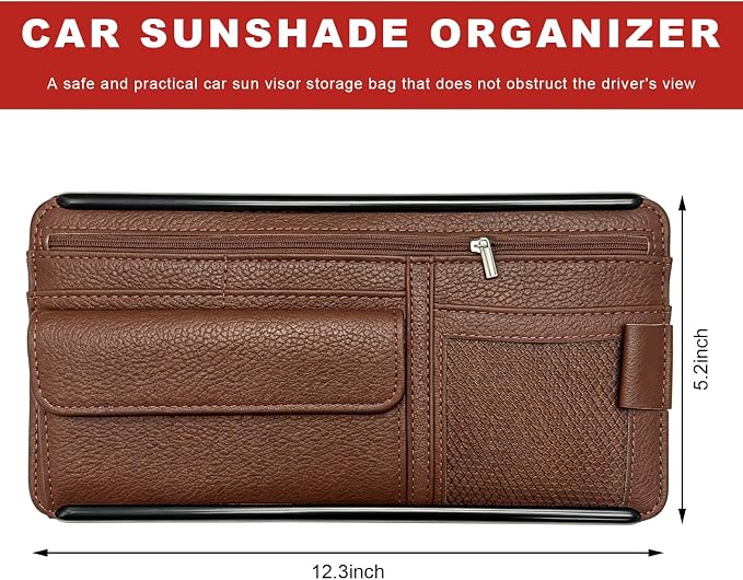 Car Sun Visor Organizer, Scratch-Resistant Auto Visor Glasses Storage Bag with Multi-Pocket Net Zipper, Waterproof Leather Sunshade Organizer Card Holder for Most Vehicles (Brown)