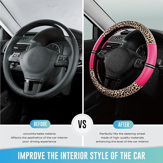 Leopard Steering Wheel Cover for Women, Cute Anti-Slip Microfiber Leather, Universal Fit 14.5-15 Inch Round Steering Wheel - HotPink