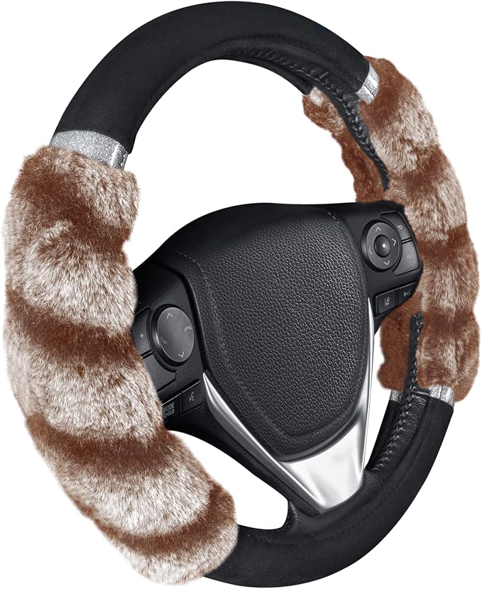 Bear Fur Steering Wheel Cover, Plush Faux Fur Fuzzy Steering Cover for Car Truck Van SUV, Standard Size Fits Wheels 14.5-15 in Diameter, Two Tone Black/Brown with Glitter