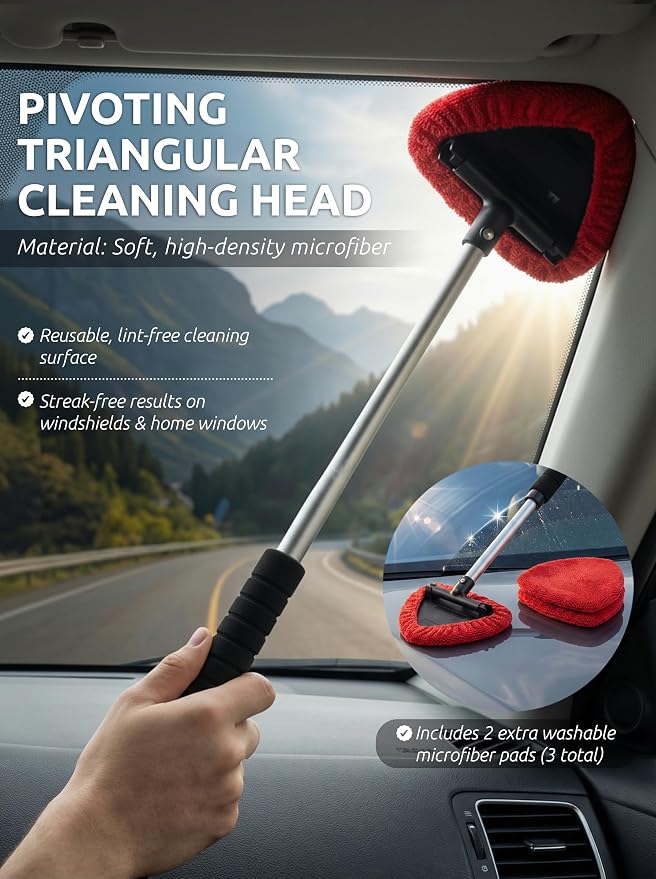 Window & Windshield Cleaner, Extendable, 3 Microfiber Pads (Red) | Pivoting Triangle Head Wiper Cleans Interior & Exterior Glass, 3 Washable Reusable Bonnets, Lint-Free