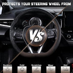 D Shaped Steering Wheel Cover for 14.5-15 inch Flat Bottom Wheels, Breathable Perforated Microfiber Leather, Anti-Slip Grip, Universal Fit for Cars & SUVs, Black and Brown