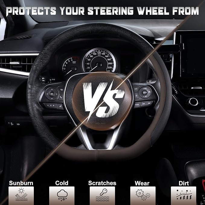 D Shaped Steering Wheel Cover for 14.5-15 inch Flat Bottom Wheels, Breathable Perforated Microfiber Leather, Anti-Slip Grip, Universal Fit for Cars & SUVs, Black and Brown