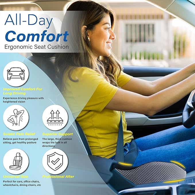 Car Seat Cushion for Driving, Car Seat Pillow for Short Drivers | Ergonomic Memory Foam Seat Cushion for Pain Relief, Adult Booster Seat for Car, Butt Cushion for Car, Truck, Office, B&G
