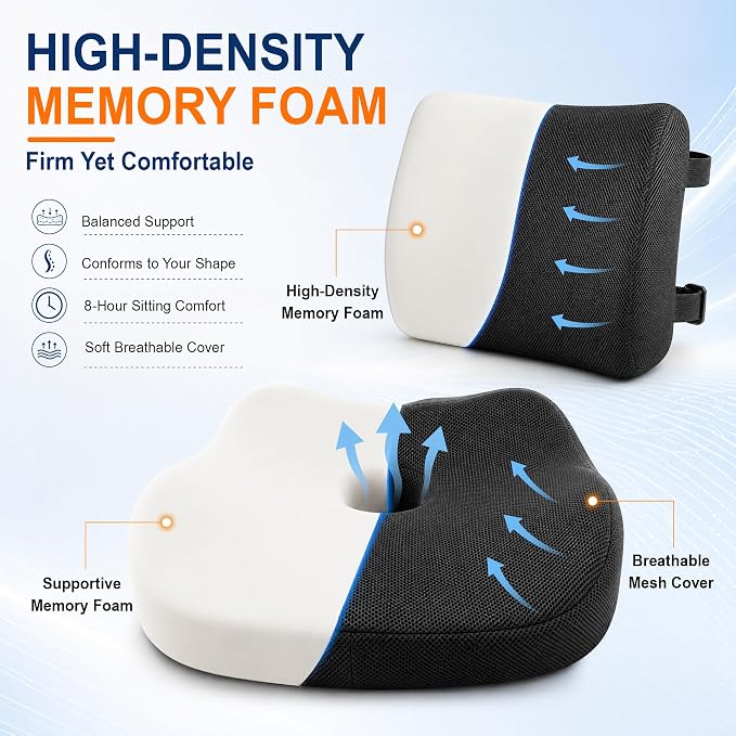 Car Seat Cushion and Lumbar Back Support Pillow Set for Driving | Memory Foam Car Seat Cushions, Back Support for Car, Car Cushion for Height, Pressure Relief for Trucks, Office Chairs, Black